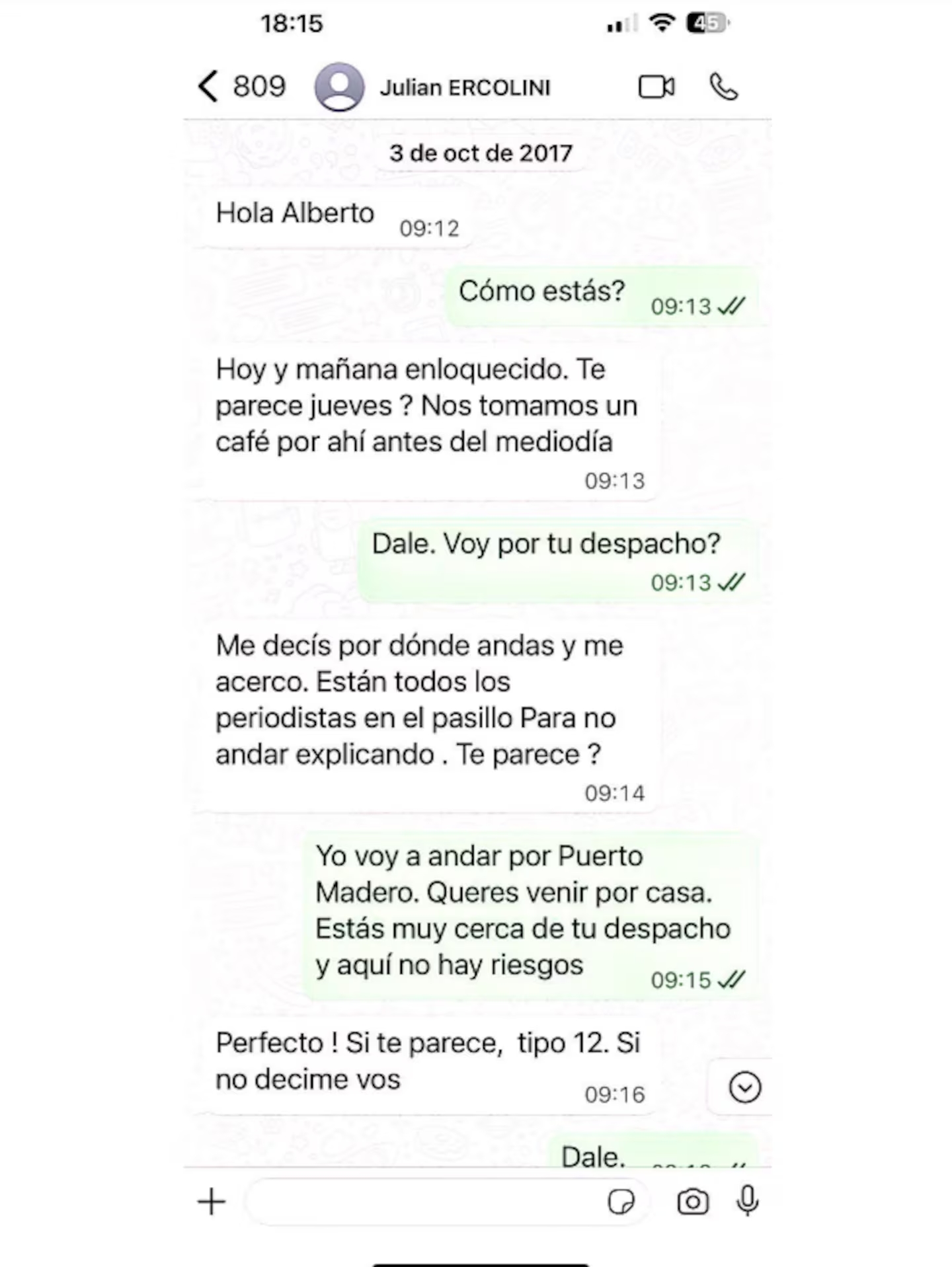 captura de un chat de alberto fernandez con el juez julian ercolini 