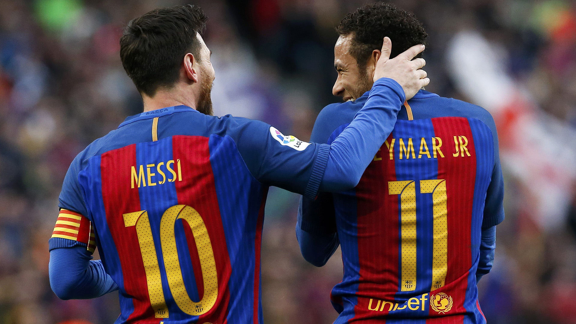 Football Soccer - Barcelona v Athletic Bilbao - Spanish La Liga Santander - Camp Nou stadium, Barcelona, Spain, 04/02/17 Barcelona's Lionel Messi talks to team mate Neymar after scoring their second goal. REUTERS/Albert Gea